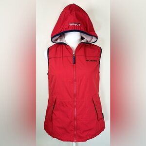 Columbia Women’s Red Hooded Vest Size Small – Outdoor Hiking Utility Zip Pockets